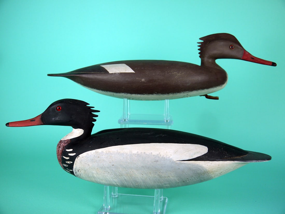 RED-BREASTED MERGANSER PAIR, H. CONKLIN: PAIR OF RED-BREASTED MERGANSERS by Hurley Conklin, Manahawkin, NJ. Very good original paint and structural condition. Drake with some light paint shrinkage to side and underside. Hollow construction.