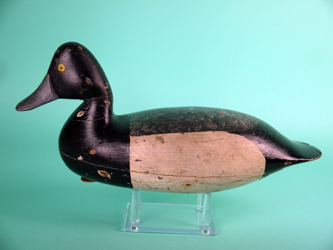 BLUEBILL DRAKE, H.V. SHOURDS: EARLY BLUEBILL DRAKE by Harry V. Shourds, Tuckerton, NJ. Working paint and good structural condition. Several shot marks to head and side. Small chip to tail edge. Hollow construction. Retains inlet w