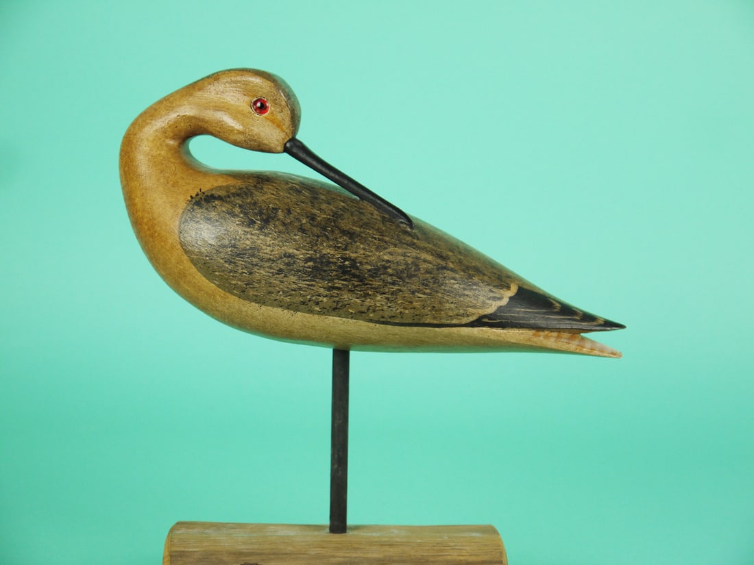YELLOWLEGS, H.V. SHOURDS: PREENING YELLOWLEGS by Harry V. Shourds, Seaville, NJ. Very good original paint and structural condition. Detailed painted feather work to back and wings. Split-tail carving. Bill rests on mid-back.