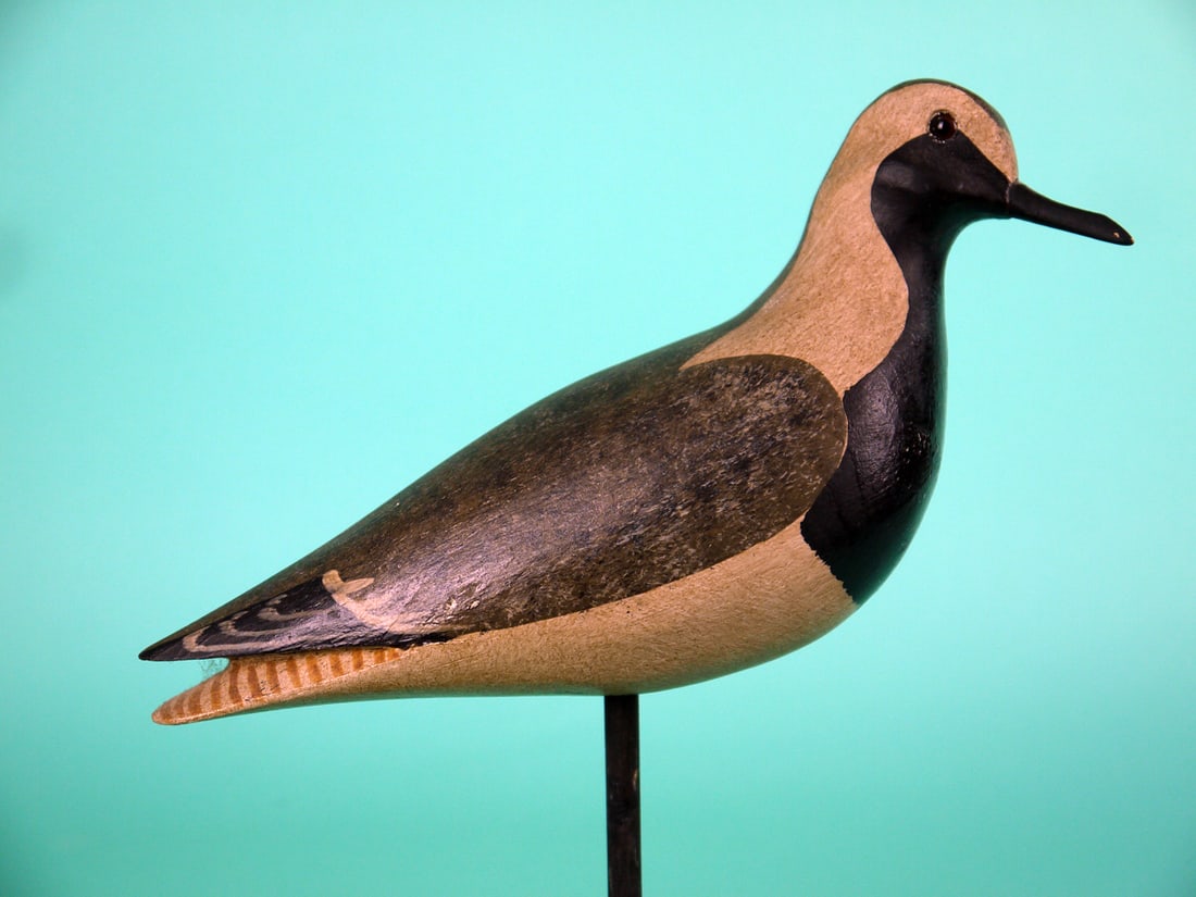 BLACK-BREASTED PLOVER, H.V. SHOURDS: BLACK-BREASTED PLOVER by Harry V. Shourds, Seaville, NJ. Good original paint and very good structural condition. Area of light sap bleed to breast. Turned-head model with split-tail carving. Retains