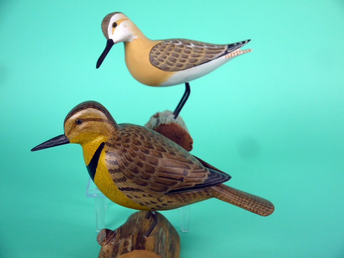 MEADOW LARK/SANDERLING, H.V. SHOURDS: VERY FINE MEADOW LARK by Harry V. Shourds, Seaville, NJ. Excellent original paint and structural condition. Detailed painted feather to back, wings and tail. Plump carving with raised wing tips.