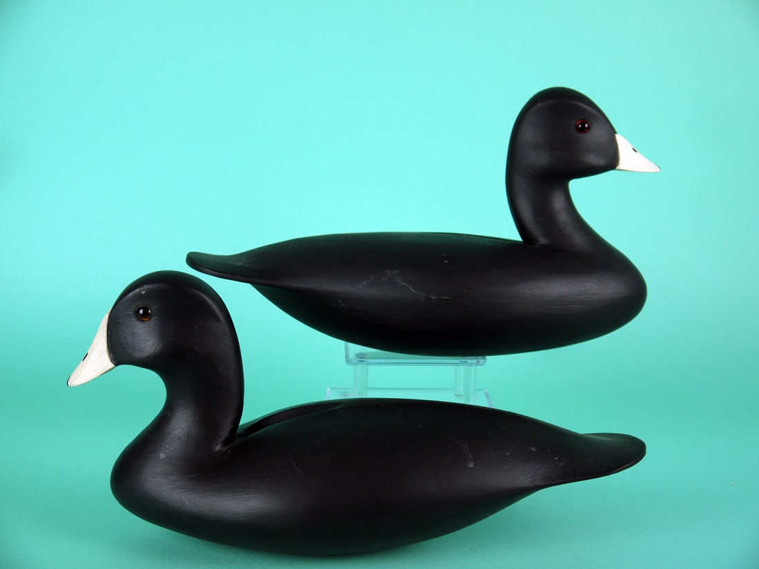 TWO COOT, R. DALEY: TWO COOT by Rob Daley, West Creek, NJ. Very good original paint and structural condition. Hollow construction. Carved ice groove detail to backs. Unrigged. Overall length is approximately 11 1/2