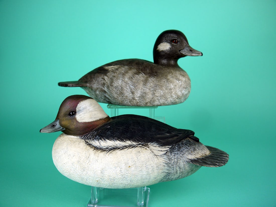 BUFFLEHEAD DRAKE AND HEN, P. DOBROSKY: FINE BUFFLEHEAD DRAKE AND HEN by Paul Dobrosky, Shrewsbury, NJ. Excellent original paint and structural condition. Cork construction. Relief-carved wings with crossed wing tips. Inserted wood tails