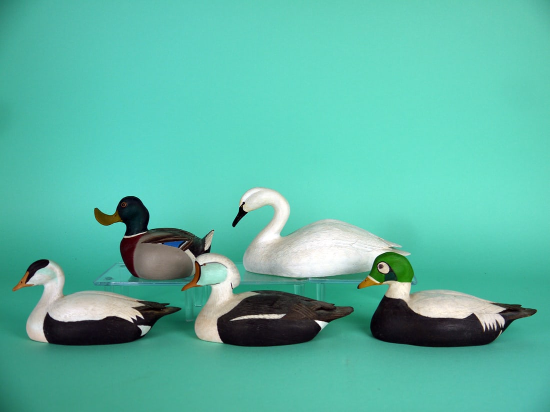 FIVE MINIATURE CARVINGS, M. HAGER: FIVE MINIATURE CARVINGS by M. Hager, Bridgeton, NJ. All in very good original paint and structural condition. The group consists of a WHISTLING SWAN, SPECTACLED EIDER, COMMON EIDER, KING EIDER, and a 