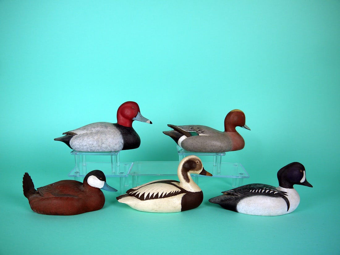 FIVE MINIATURE CARVINGS, M. HAGER: FIVE MINIATURE CARVINGS by M. Hager, Bridgeton, NJ. The group consists of a RUDDY DUCK, LONG-TAILED DRAKE, EUROPEAN WIGEON, BARROW'S GOLDENEYE (tiny chip to one wing tip), RED HEAD. All in very good o