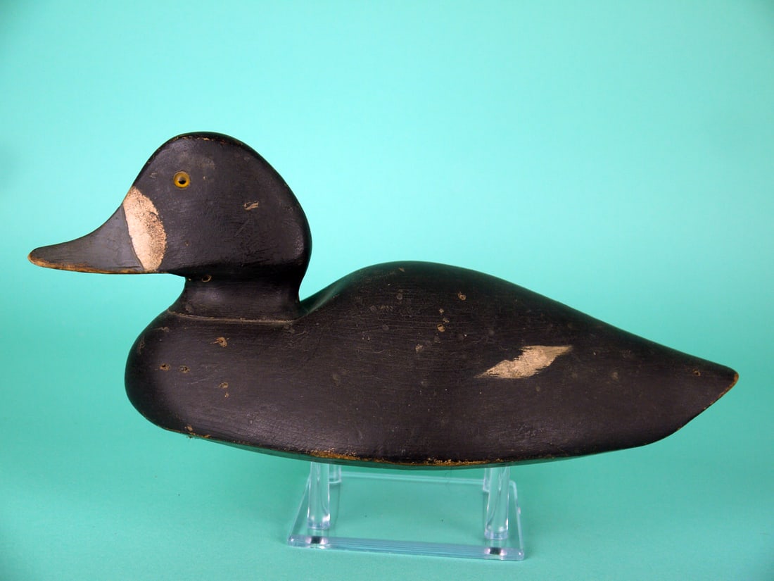 BLUEBILL HEN, H.A. STEVENS COMPANY: BLUEBILL HEN by the H.A. Stevens Company, Weedsport, NY. Hump-back model in working paint with light in-use wear. Good structural condition. Sliver missing on underside of bill and several shot