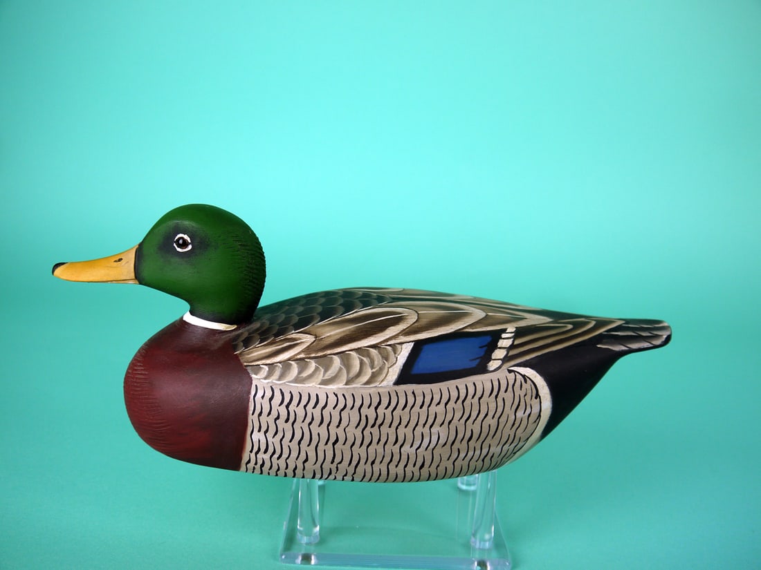 ONE-HALF SIZE MALLARD DRAKE, J. LAPHAM: ONE-HALF SIZE MALLARD DRAKE by James Lapham, Dennisport, MA. Excellent original paint and structural condition. Detailed painted feather work to back and sides. Retains glass eyes and bill with