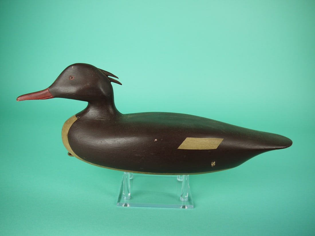 RED-BREASTED MERGANSER HEN, F. DOBBINS: RED-BREASTED MERGANSER HEN by Frank Dobbins, Jonesport, ME. Very good original paint and structural condition. Three small spots of paint flaking to one side. Inlet head with two-comb crest. Retains