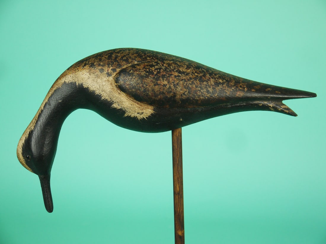 BLACK-BELIED PLOVER, K. KIRBY: BLACK-BELLIED PLOVER by Ken Kirby, Little Egg Harbor, NJ. Feeding model in very good original paint and structural condition. Relief carved wings and split tail. Branded by maker on underside.