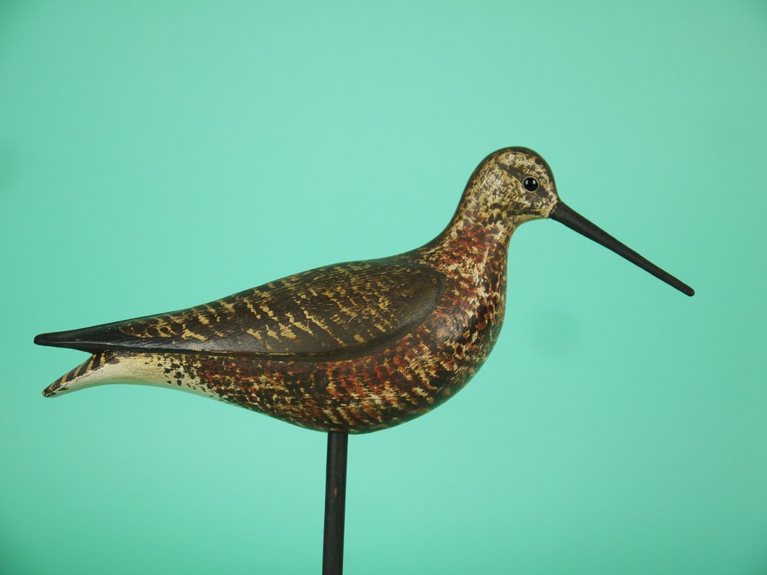 DOWITCHER, S. MOREY: DOWITCHER by Steve Morey, Tuckerton, NJ. Very good original paint and structural condition. Hollow construction. Relief-carved wings and wing separation on back. Split-tail carving. Slightly turned