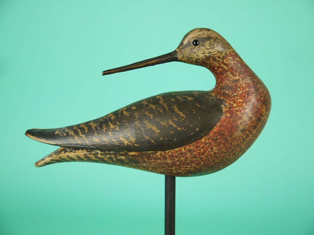 DOWITCHER, S. MOREY: DOWITCHER by Steve Morey, Tuckerton, NJ. Very good original paint and structural condition. Hollow construction. Relief-carved wings and raised, upswept wing tips. Split-tail carving. Boldly turned