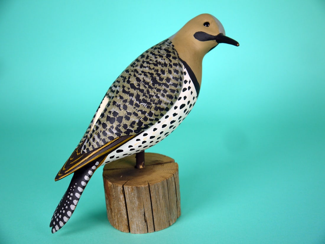 NORTHERN FLICKER, S. MOREY: NORTHERN FLICKER by Steve Morey, Tuckerton, NJ. Folk art rendition in very good original paint and structural condition. Relief-carved wings with wing separation and carved wing tips. Turned head