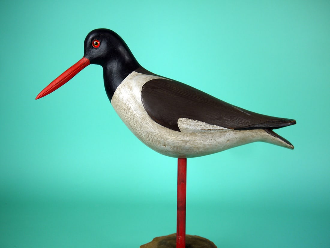 OYSTER CATCHER, S. MOREY: OYSTER CATCHER by Steve Morey, Tuckerton, NJ. Very good original paint and structural condition. Two light shelf rubs to back. Full-bodied carving with relief-carved wings and carved, upswept wing