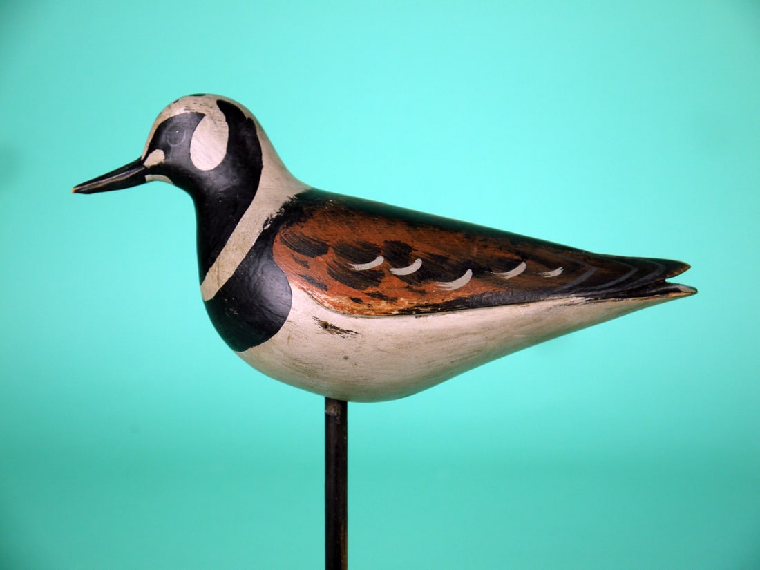RUDDY TURNSTONE, D. RHODES: RUDDY TURNSTONE by Dave Rhodes, Absecon, NJ. Very good original paint and structural condition. Relief-carved wings and split-tail carving. Painted eye detail. Signed by maker and dated '97. Mounted o
