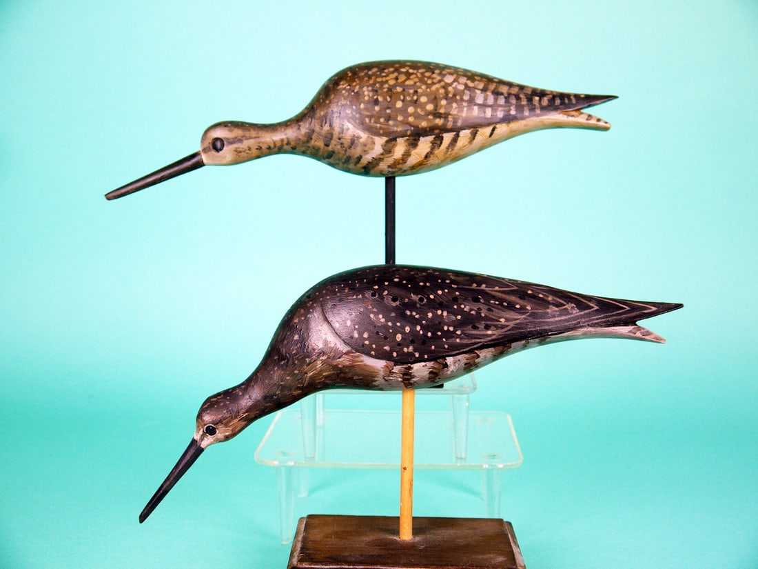 TWO YELLOWLEGS, D. RHODES: TWO YELLOWLEGS by Dave Rhodes, Absecon, NJ. Very good original paint and structural condition. One is carved in a running position; the other, feeding. Both with relief-carved wings and split-tail