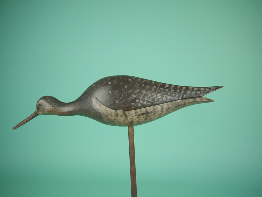 DOWITCHER, D. RHODES: DOWITCHER by Dave Rhodes, Absecon, NJ. Excellent original paint and structural condition. Minnow-in-throat model with relief-carved wings, wing tips and split-tail carving. Signed under tail. Mounted