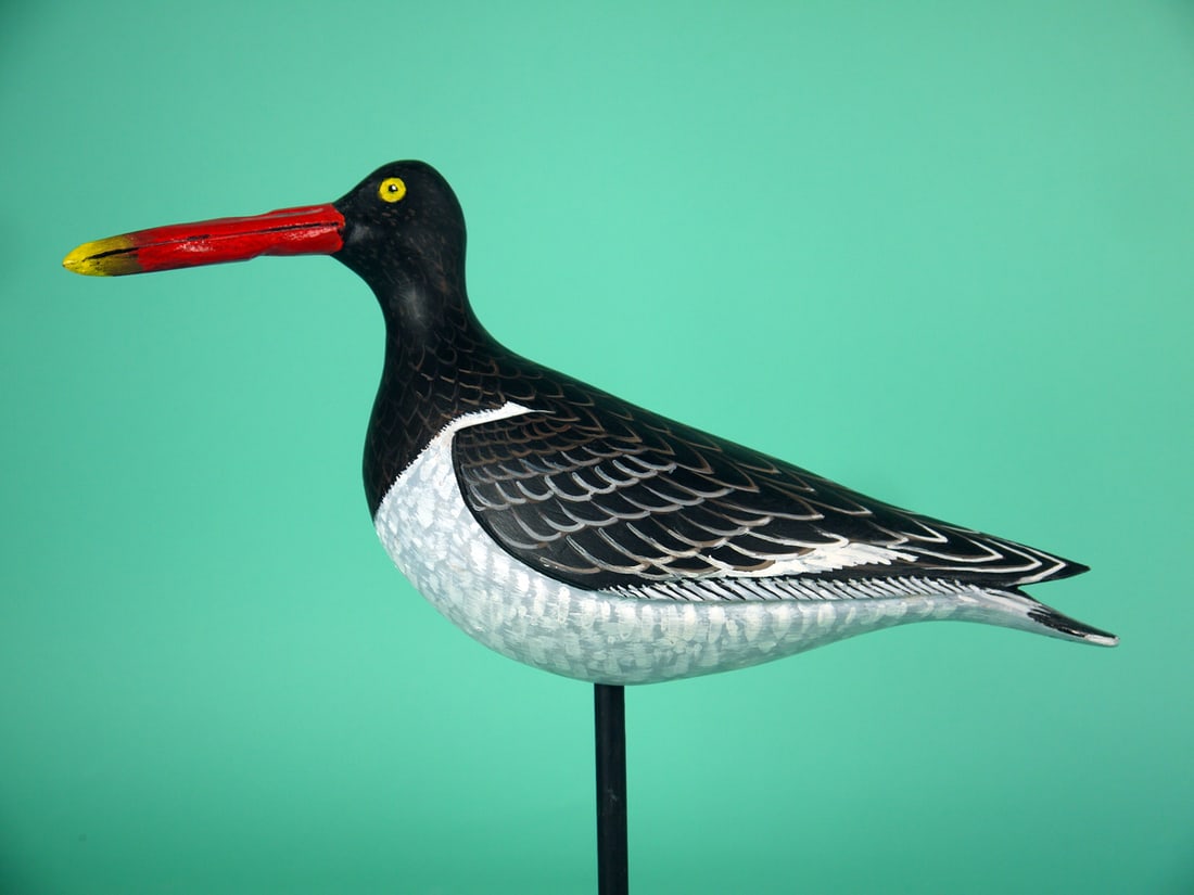 OYSTER CATCHER, D. RHODES: OYSTER CATCHER by Dave Rhodes, Absecon, NJ. Very good original paint and structural condition. Detailed painted feather work overall. Relief-carved wings and split-tail carving. Slightly turned head