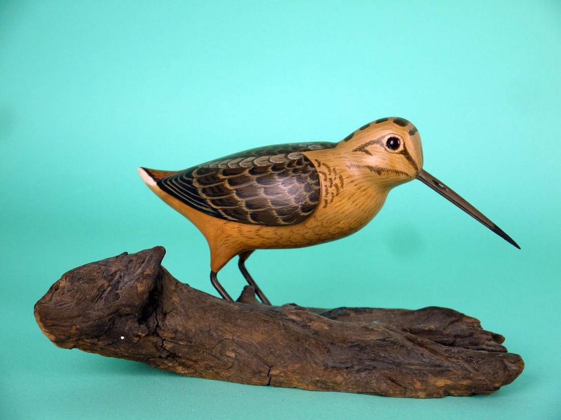WOODCOCK, H.V. SHOURDS: RARE WOODCOCK by Harry V. Shourds, Seaville, NJ. Excellent original paint and structural condition. Detailed painted feather work overall. Relief-carved wing detail. Retains glass eyes and bill with s