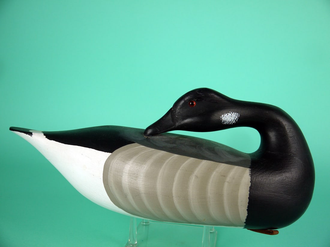 BRANT, H.V. SHOURDS: BRANT by Harry V. Shourds, Seaville, NJ. Very good original paint and structural condition. Hollow construction. Preening model with painted feather detail to back and sides. Retains glass eyes and