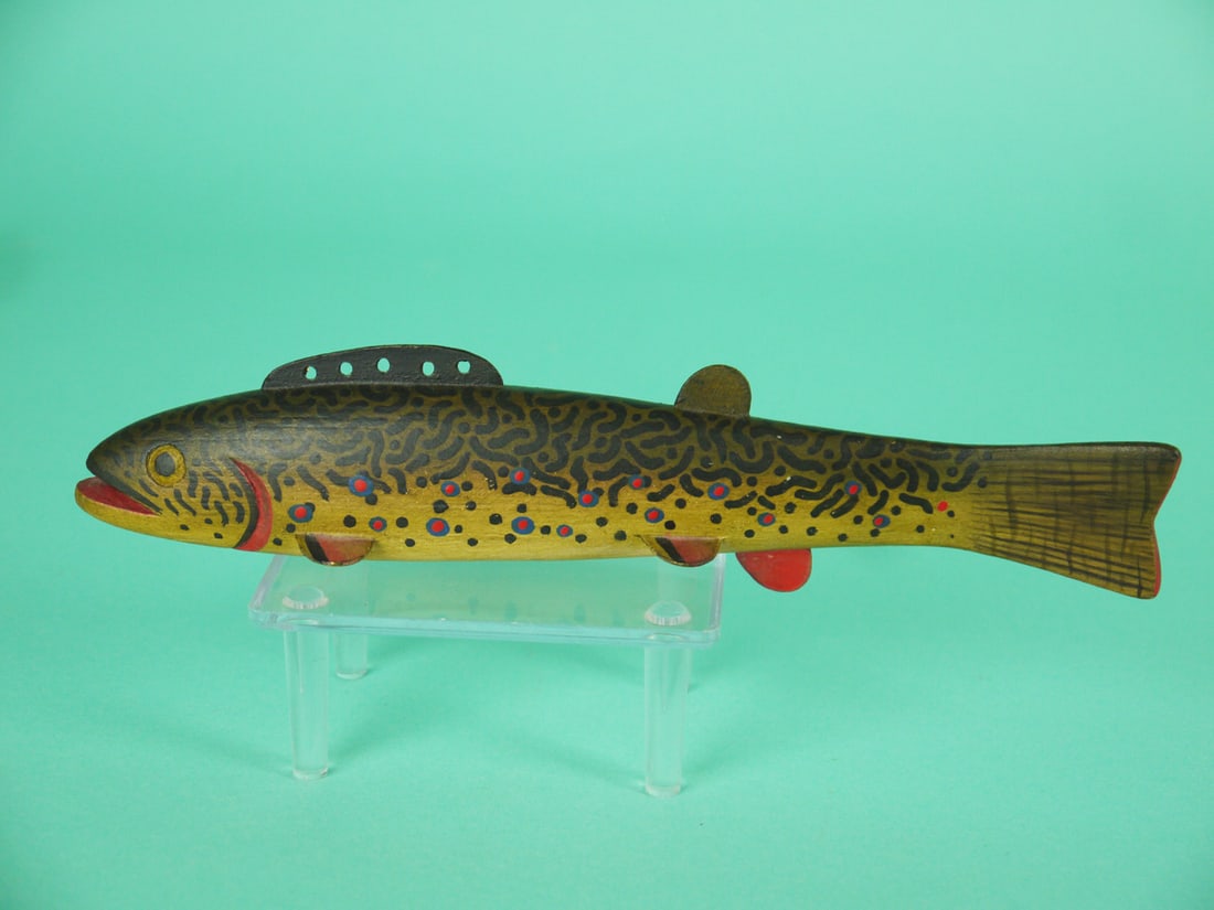 BROOK TROUT FISH DECOY, I. MCNAIR: BROOK TROUT ICE FISHING DECOY by Ian McNair, Exmore, VA. Excellent original paint and structural condition. Very detailed paint pattern to slightly turned body. Inserted metal fins on body and