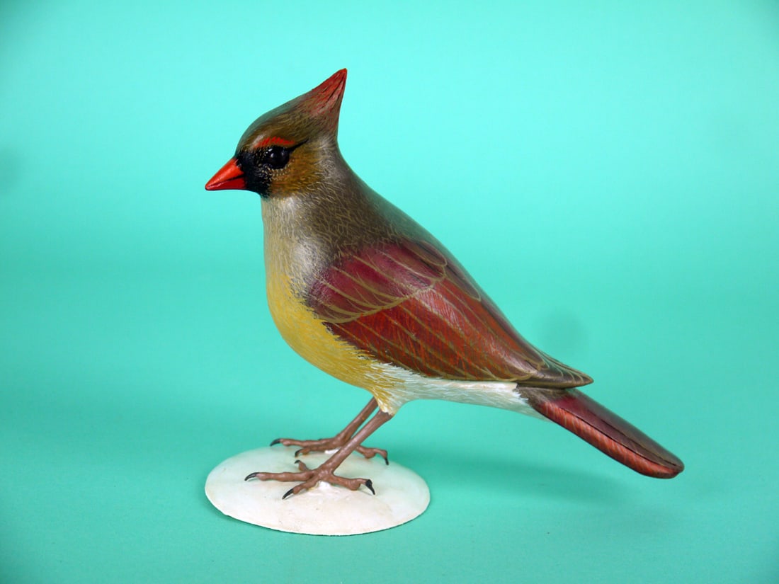FULL-SIZE FEMALE CARDINAL, J. WOOD: VERY FINE FEMALE CARDINAL by John Wood, Venice, FL. Excellent original paint and structural condition. Detailed painted feather work overall. Carved wing tips and split-tail carving. Erect crest with