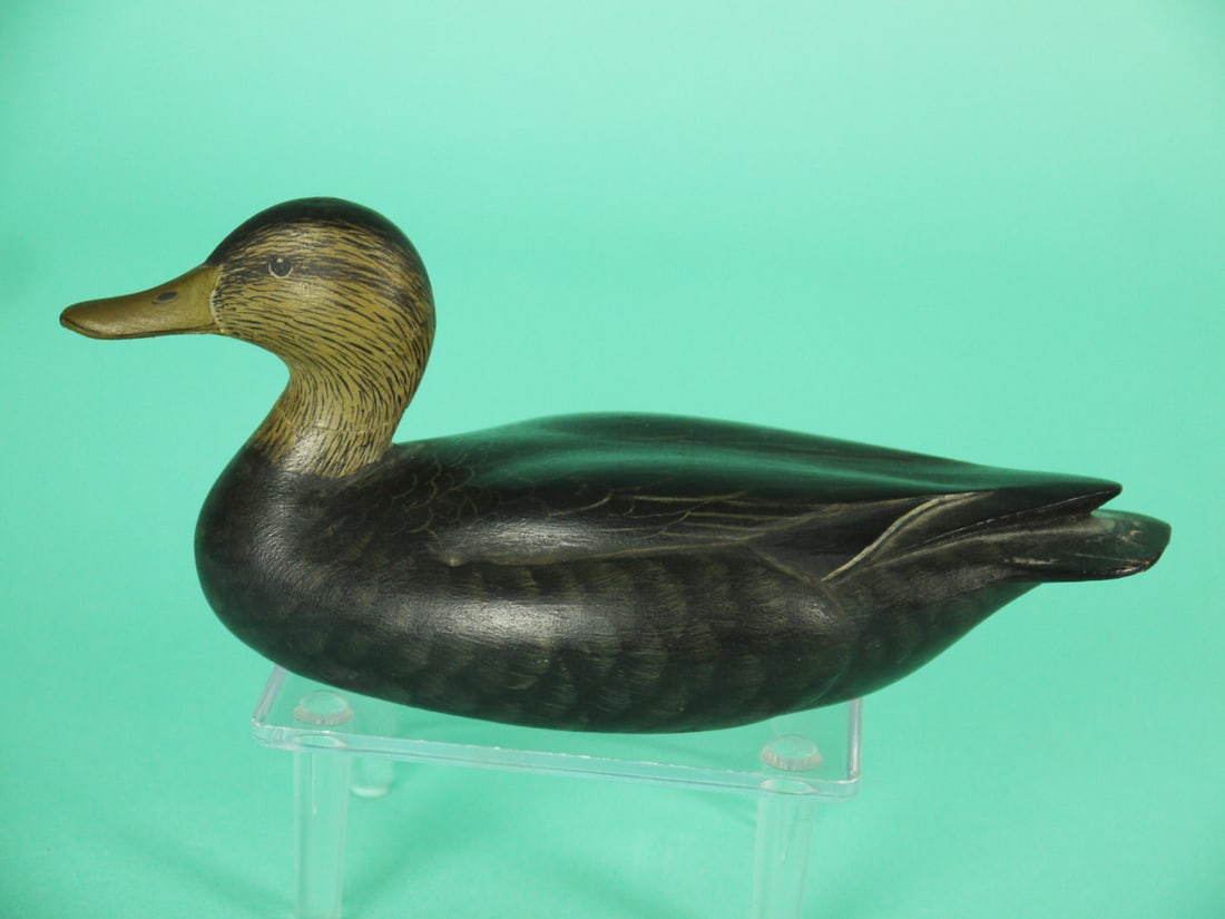 MINIATURE BLACK DUCK, R. KERR: VERY FINE MINIATURE BLACK DUCK by Robert "Bob" Kerr, Smiths Falls, ONT. Very good original paint and structural condition. Tight neck crack.Tight check to tail edge. Relief-carved wings with raised wi
