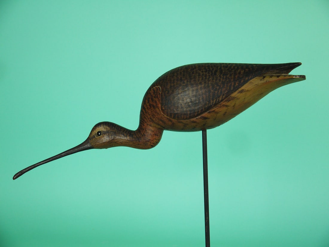 CURLEW, M. MCNAIR: VERY FINE CURLEW by Mark McNair, Craddockville, VA. Excellent original paint and structural condition. Minnow-in-throat model with relief-carved wings and split-tail carving. Detailed painted feather