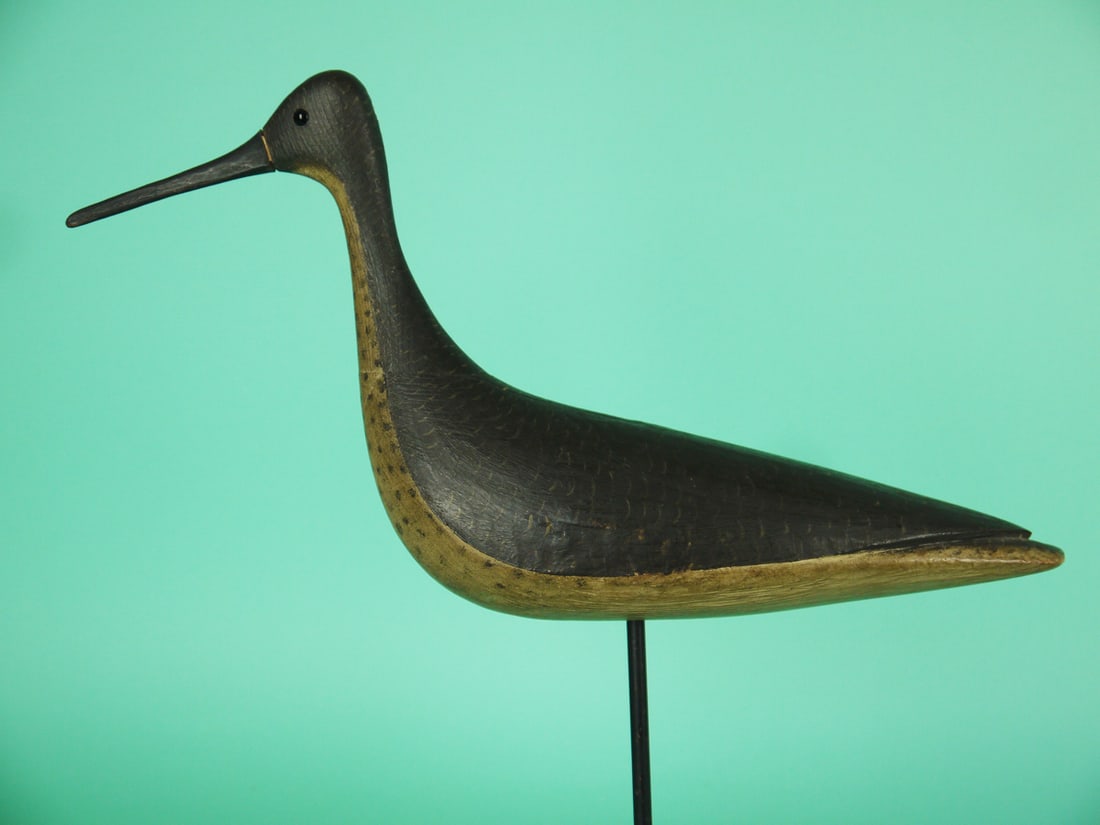 YELLOWLEGS, M. MCNAIR: YELLOWLEGS by Mark McNair, Craddockville, VA. Very good original paint and structural condition. Very tight check on mid-back; paint flake on one side. Alert head with dowelled bill and black bead