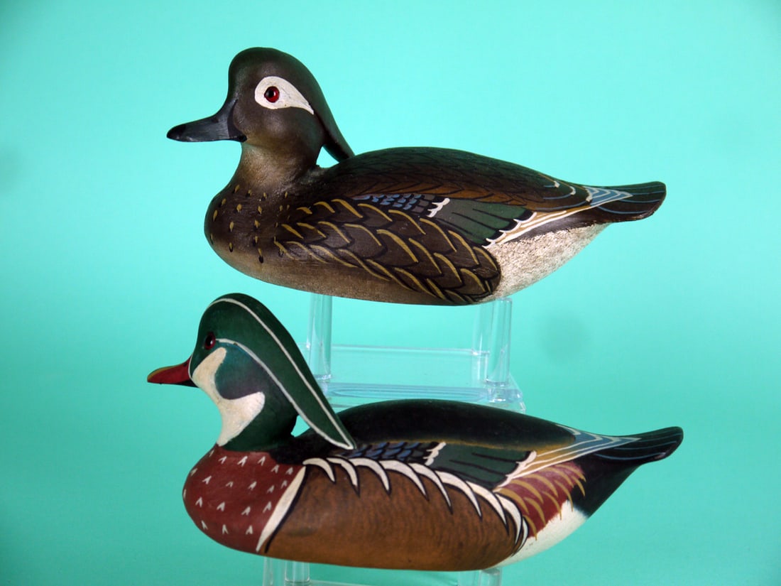 ONE-THIRD SIZE WOOD DUCKS, W. CRANMER: FINE PAIR OF ONE-THIRD SIZE WOOD DUCKS by William Cranmer, Beach Haven, NJ. Excellent original paint and structural condition. The hen with very detailed panted feather work to body. Both turned