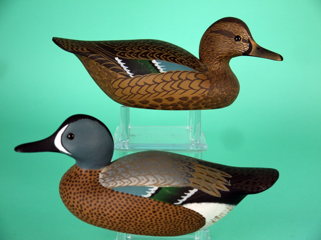 ONE-THIRD SIZE BLUE WING TEAL PAIR, W. CRANMER: FINE PAIR OF ONE-THIRD SIZE BLUE WING TEAL PAIR by William Cranmer, Beach Haven, NJ. Excellent original paint and structural condition. Very detailed painted feather work to both. Both heads slightly