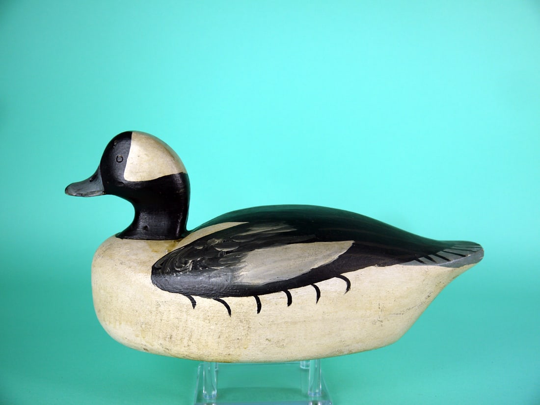 BUFFLEHEAD DRAKE, B. BEARDSLEY: BUFFLEHEAD DRAKE by Bill Beardsley, Silverton, NJ, (1890-1966). Very good original paint and structural condition. Oversized model with carved eyes and bill detail. Overall length is approximately 13