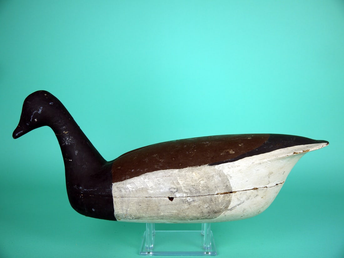 BRANT, PARKERTOWN, NJ: EARLY BRANT, probably Parkertown, NJ. Working paint and good structural condition. Tight neck crack. Hollow construction. Ice groove detail. H.P.W. (?) brand on back. Retains inlet weight and partial 
