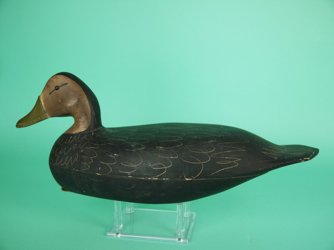 BLACK DUCK, E. HENDRICKSON: BLACK DUCK by Eugene Hendrickson, Lower Bank, NJ. Very good original paint and structural condition. Hollow construction. Scratch-feather paint detail overall. Retains tack eyes. Bill with carved