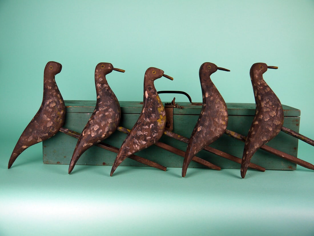 SET OF FIVE SHOREBIRDS: SET OF FIVE SHOREBIRDS, possibly New England. Original paint and good structural condition. One with bill missing. Rustic painted feather work overall. All with painted placement sticks. Overall