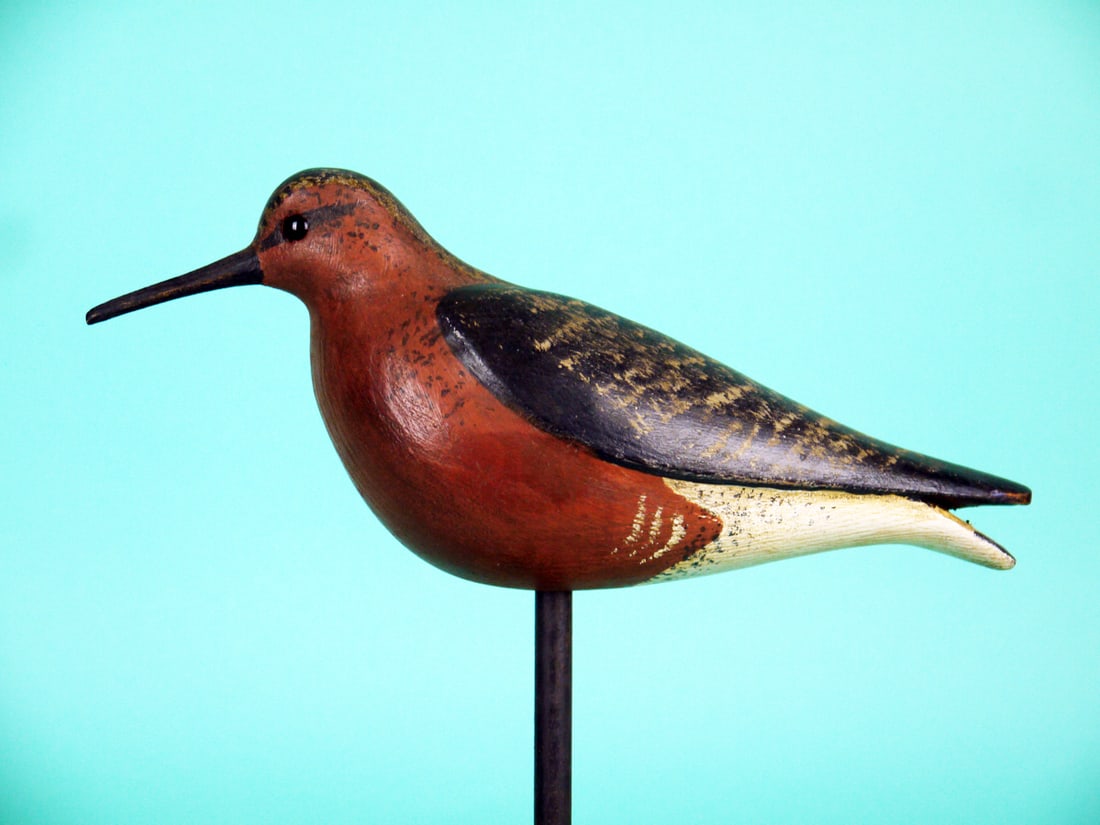 RED KNOT, S. MOREY: RED KNOT by Steve Morey, Tuckerton, NJ. Very good original paint and structural condition. Plump carving with relief-carved wings with carved separation and crossed wing tips. Retains glass eyes.