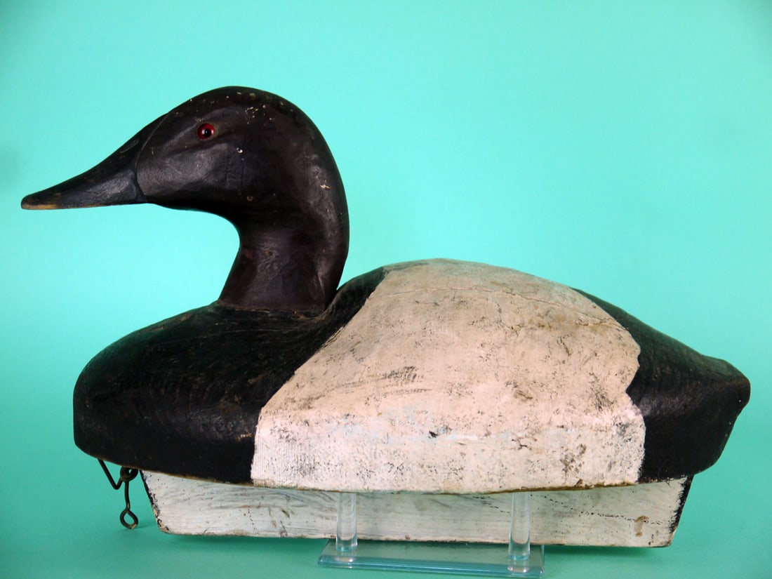 CANVASBACK DRAKE, MIDWEST: CANVASBACK DRAKE, Midwest, unknown carver. Working paint and good structural condition with several tight checks to body. Bobtail model that retains full keel and glass eyes. Overall length is
