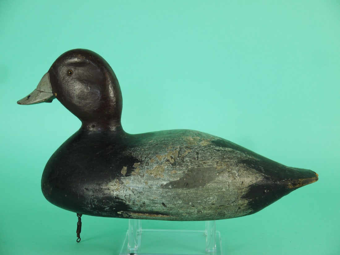 REDHEAD DRAKE, NEW YORK: REDHEAD DRAKE, Wellesley Island, NY. Working paint with in-use wear. Fair structural condition with bill crack repaired with a screw. Tail chips and tight checks to underside. Retains glass eyes.