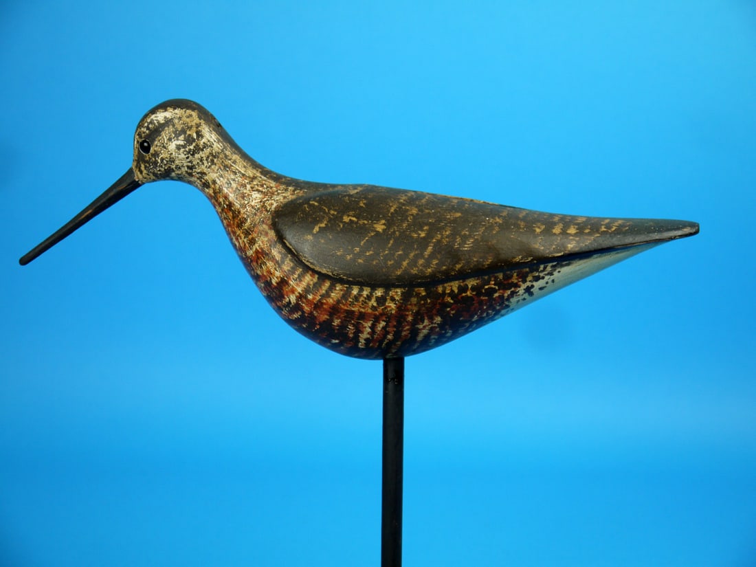DOWITCHER, S. MOREY: DOWITCHER by Steve Morey, Tuckerton, NJ. Very good original paint and structural condition. Hollow construction. Relief-carved wings and wing separation on back. Split-tail carving. Retains glass eyes