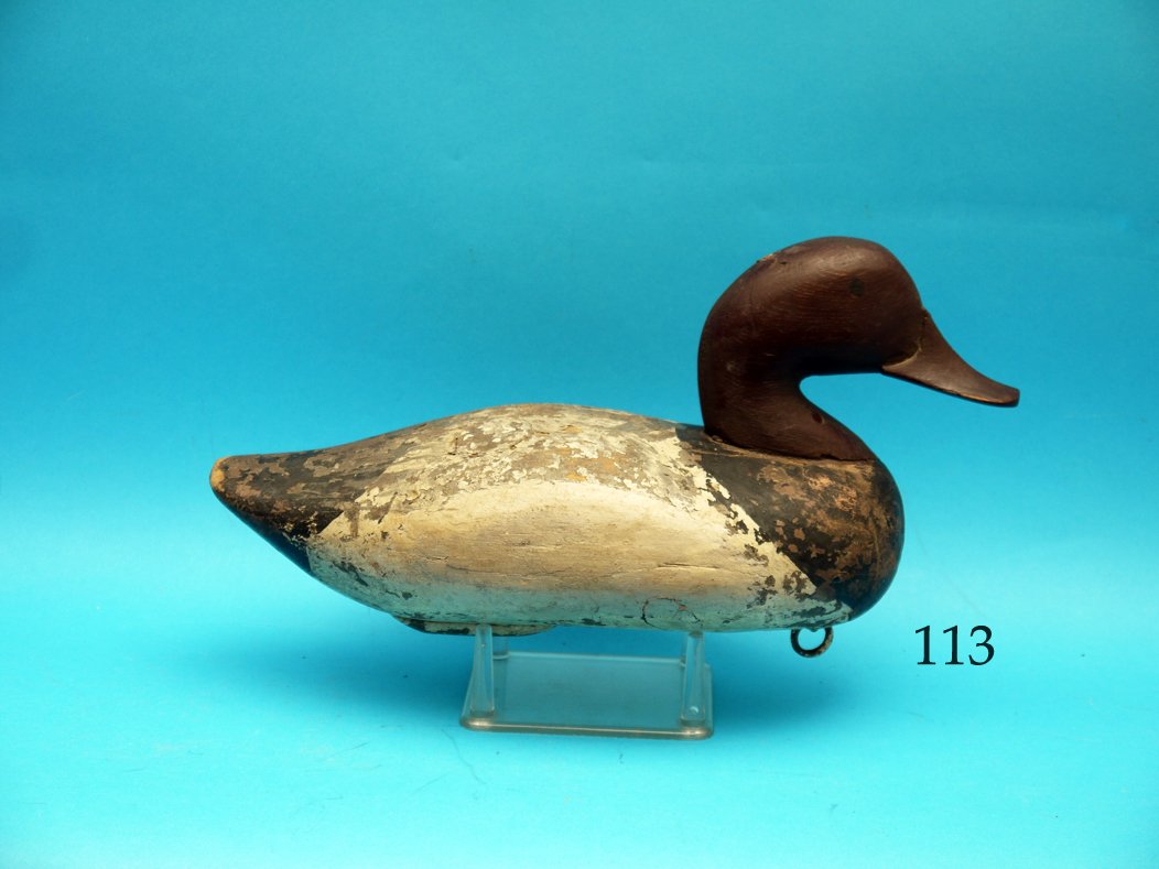 REDHEAD DRAKE, Upper Bay, in very old working paint.: REDHEAD DRAKE, Upper Bay, in very old working paint. Structurally good, Head is a re-placement. Retains bottom weight, ring and staple. Branded the”Poison” brand, signifying the Army Chemical Corp