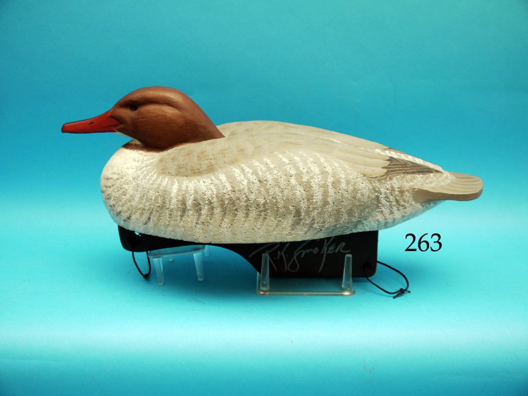 AMERICAN MERGANSER HEN by Ward World Champion carver: AMERICAN MERGANSER HEN by Ward World Champion carver Rich Smoker, Marion Station, MD. Excellent original paint and condition. Solid cork construction. Relief-carved wings and competiton keel. Signed t