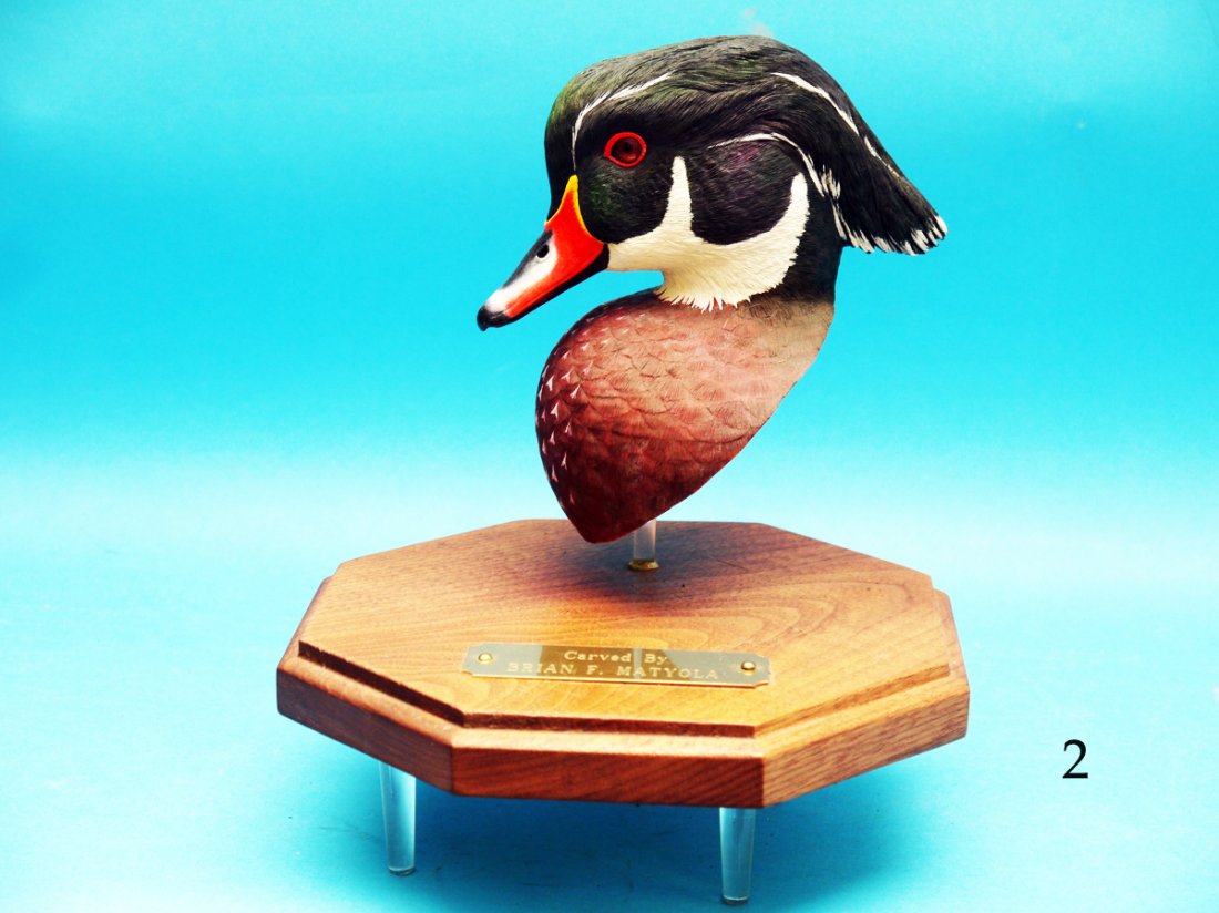 COMPETITION WOOD DUCK DRAKE HEAD by Brian F. Matyola.: COMPETITION WOOD DUCK DRAKE HEAD by Brian F. Matyola. Snug position. Detailed carving and paint. Mounted on a custom base with brass plaque