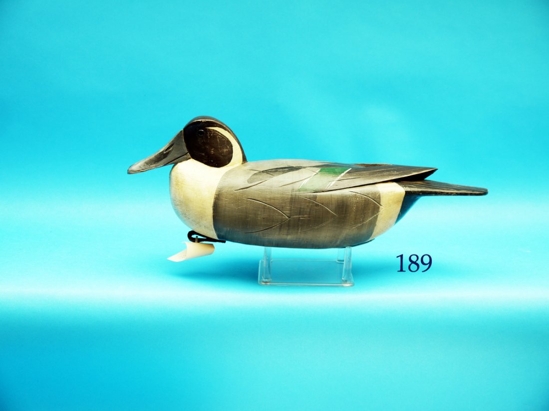 PINTAIL DRAKE by Herb Miller, Beach Haven, NJ.: PINTAIL DRAKE by Herb Miller, Beach Haven, NJ. Excellent original paint. Appears to be in unused condition. Hollow construction. Raised wing detail. Long fluted tail. Old repair to underside of bill. 