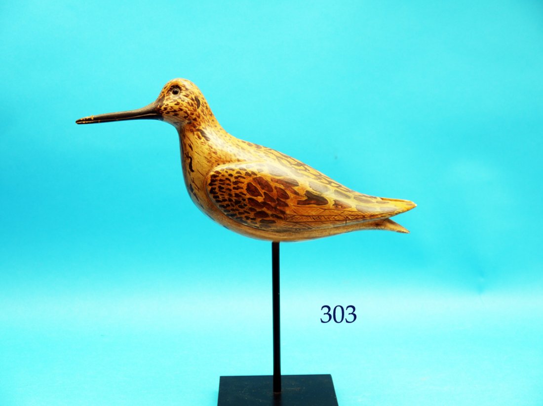 WHIMBREL carved in the manner of Charles Bunn, Long: WHIMBREL carved in the manner of Charles Bunn, Long Island, NY. Deep relief-carved wings with split-raised and carved tail. Paint appears to be original. Original bill. Retains glass eyes
