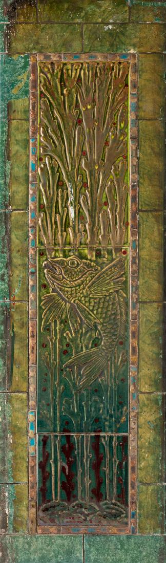 Two 'Underwater' tiles, c1905: 97.4 x 28.5 cm. Earthenware, textured, dark green glaze. Unsigned.