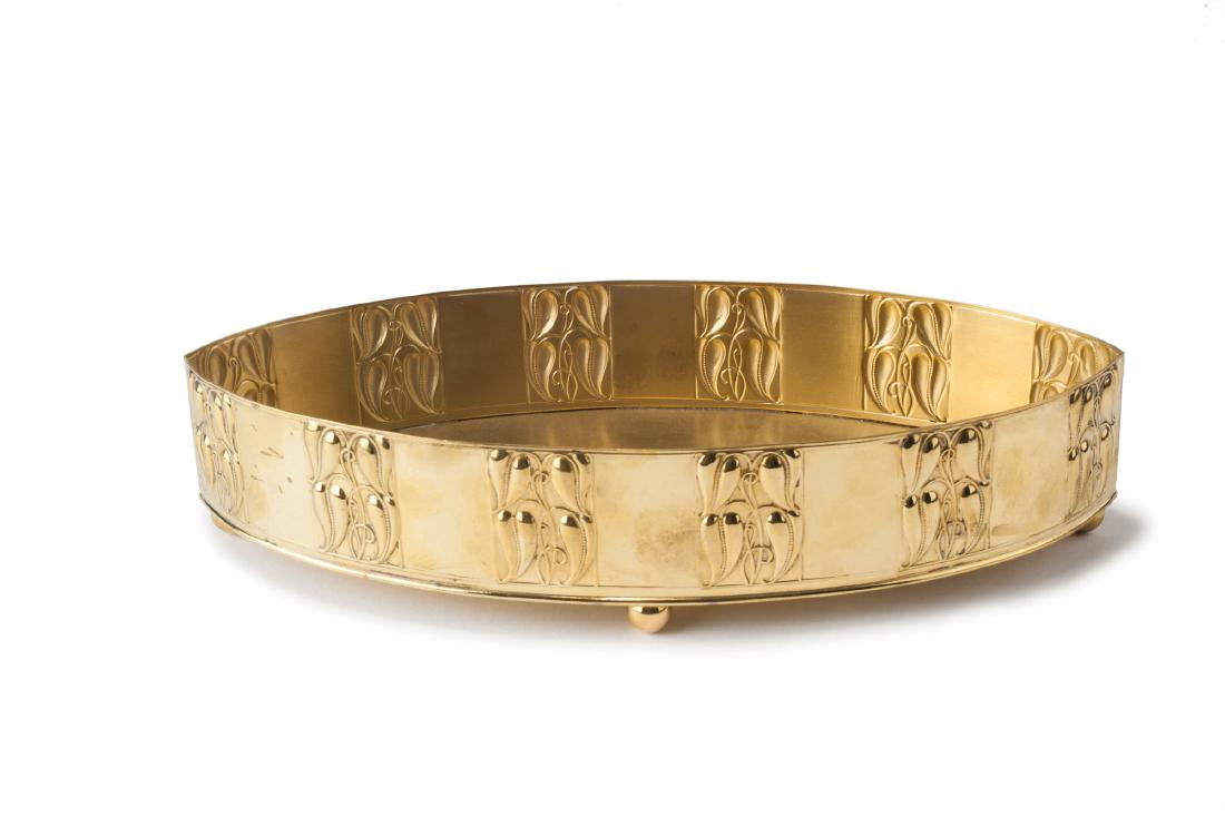 Jardiniere, c1912: H. 6.6 cm, 31 x 14.3 cm. Designed by Emanuel Josef Margold (attributed). Sheet brass, textured pattern. Marked: W&G.