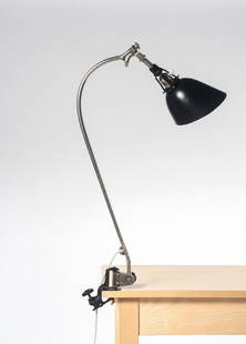 'Midgard 113' work light, 1926: Curt Fischer, H. 86 cm, D. 17.5 cm. Made by Industriewerke Auma; Roenneberger & Fischer. Tubular steel, sheet steel, sheet aluminium, part nickel-plated, part black. Marked: Midgard, D.R.G.M. Pat.