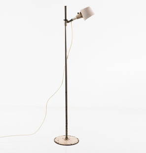 'Midgard' floor light, c1930: Curt Fischer (attributed), H. 133.5 cm, shade: 20 x 11.5 cm. Made by Industriewerke Auma, Roenneberger & Fischer. Tubular steel, sheet steel, chrome-plated resp. painted white. Marked: Midgard DRGM.