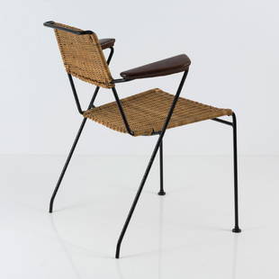 Armchair, c1955: Paul Schneider von Esleben, H. 72 x 65 x 58 cm. Made by Wilde & Spieth, Esslingen. Metal rods, painted black, meshwork, teak.