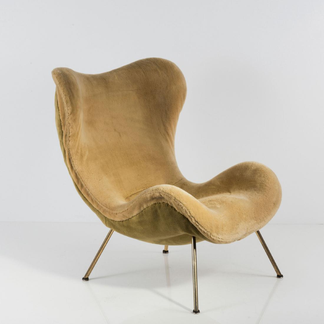 'Madame' easy chair, 1950s: Fritz Neth, H. 91.5 x 80 x 88 cm. Made by Correcta, Munich. Tubular brass, sand-coloured fabric.