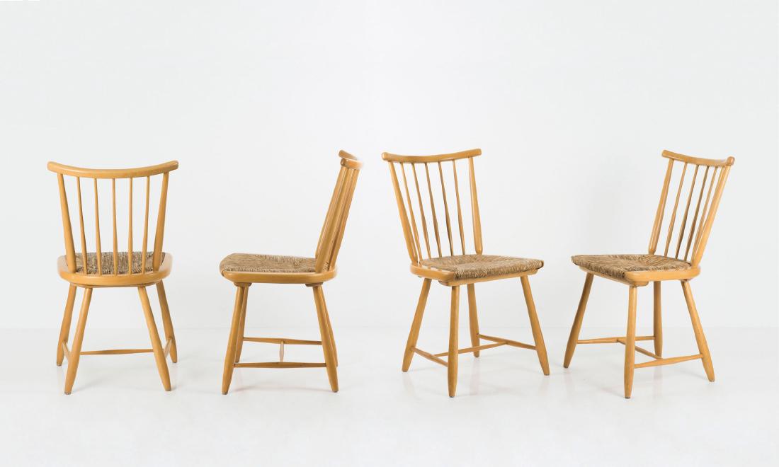 Four 'WKS' chairs, 1955: Arno Lambrecht, H. 89.5 x 45 x 51 cm. Made by WK-Moebel, Stuttgart. Beech, reedwork.
